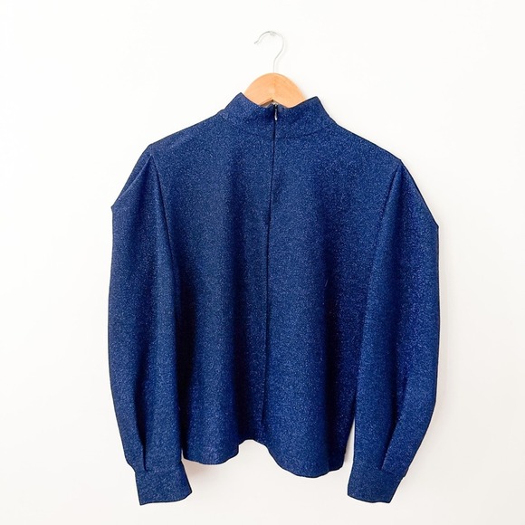 PatBO Womens Mock Neck Puff Sleeve Lurex Top Metallic Blue Size Small Glitter - Picture 6 of 10